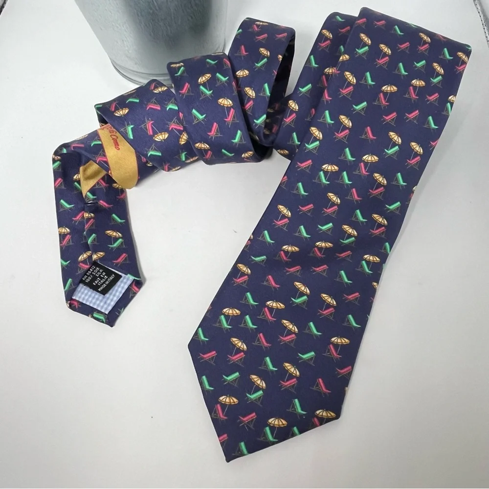 Marchesi di‎ Como Silk Neck Tie Navy Pink, Green Beach Chairs, Yellow Umbrellas